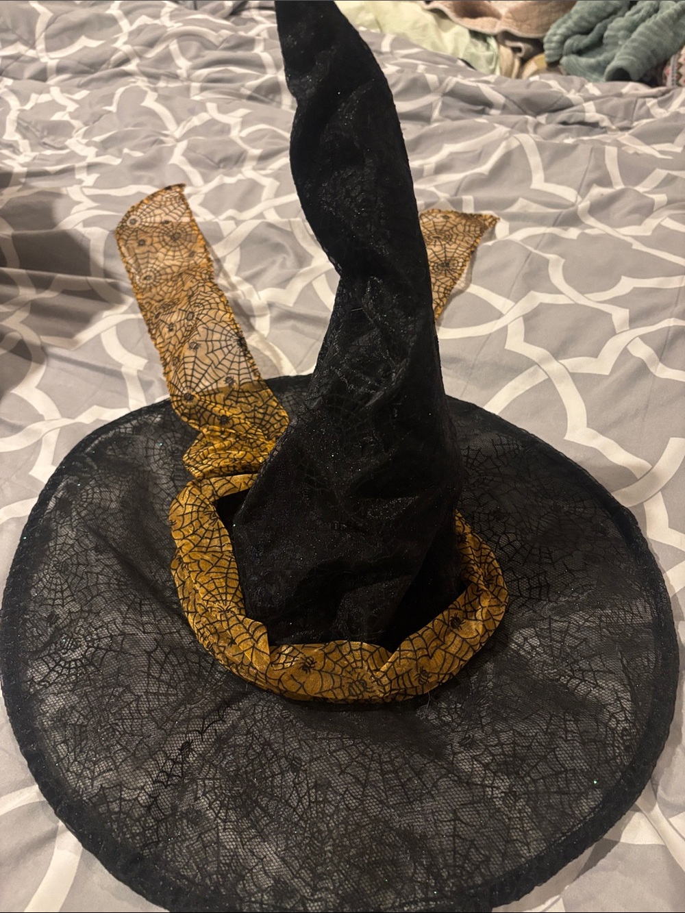 Party City Black Witch Hat with Gold Spiderweb Trim
